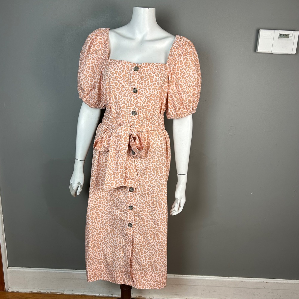 J.Crew Midi Dress Medium Maiden Leopard Print Puff Sleeve Button Front Cotton